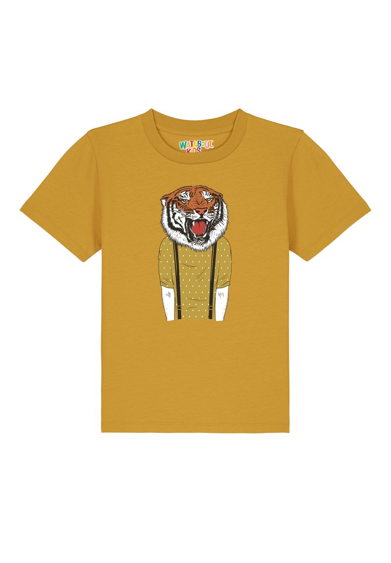 Gelbes Baumwoll-T-Shirt mit einem Tiger-Design, kombiniert mit einem grafischen Shirt und Hosenträgern. Das Design enthält gepunktete Muster auf dem Shirt.