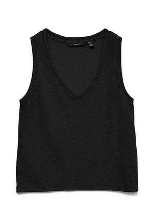 Crni pleteni top bez rukava s dubokim V-izrezom i rebrastom teksturom, prikazan ravan na bijeloj pozadini.