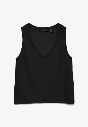 Schwarzes ärmelloses Stricktop mit tiefem V-Ausschnitt und gerippter Struktur, flach auf weißem Hintergrund dargestellt.