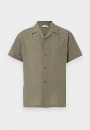 Short-sleeve olive green linen shirt with a camp collar and five brown buttons down the front.