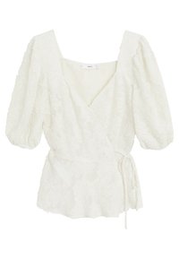 Blusa bianca in pizzo avvolgente con maniche a palloncino, scollatura a V profonda e vita con fiocco. Presenta una texture floreale e una leggera lucentezza in tutto il capo.