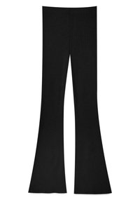 Pantalon noir à côtes évasé avec une taille ajustée et des jambes larges qui s'évasent. La texture du tissu est douce et extensible, idéale pour une tenue décontractée.