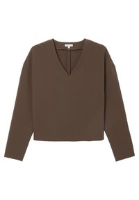 Braunes V-Ausschnitt Langarmshirt in boxy Form, aus glattem Material gefertigt. Verfügt über fallende Schultern und einen schlichten Schnitt, minimale Nähdetails.