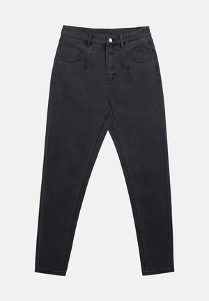 Black denim jeans with a slim fit, high waist, five-pocket design, and belt loops. The texture is smooth with minimal stitching detail.