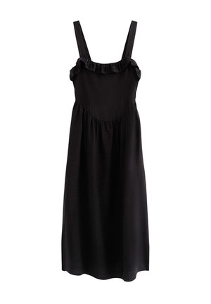 Robe noire avec bretelles spaghetti ajustables, encolure à volants et coupe ample, confectionnée dans un tissu lisse qui tombe doucement.