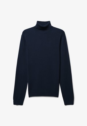 Maglione a collo alto blu navy, realizzato in un tessuto morbido, con colletto aderente, maniche lunghe e polsini e fondo a coste.