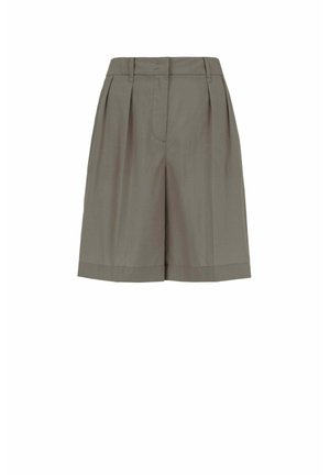 Kaki korte broek met hoge taille, tot aan de knie, voorzien van riemlussen, voorplooien en een verborgen ritssluiting aan de voorkant.