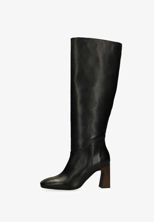 Black leather knee-high boot with a squared toe and block heel in brown, shown from the side on a white background.