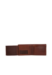 Brown leather wallet with multiple card slots, ID window, and a single cash compartment; smooth texture, minimalist design.
