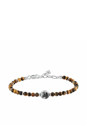 Bracciale con perline tonde marroni lucide, piccoli separatori in argento e un ciondolo centrale in argento con il disegno di una testa di cavallo.