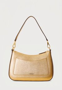 Zlatá kabelka s texturovaným povrchem, zakřiveným tvarem a odnímatelným ramenním popruhem. Má přední kapsu a detaily s logem.