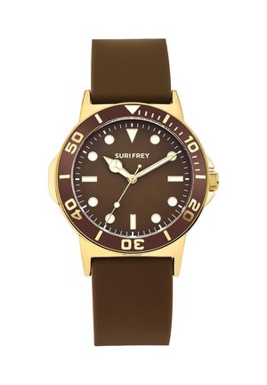 Braungesichtigte Suri Frey Armbanduhr mit goldenem Gehäuse, runden Markierungen und braunem Silikonarmband zeigt die Zeit 10:10:36.