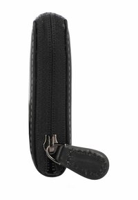 Black zippered case with textured fabric, rectangular shape, and leather accents. Features a metal zipper pull and contrast stitching.