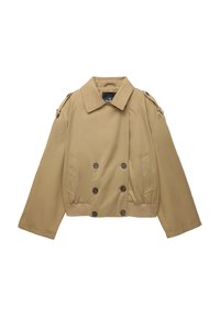 Beige cropped trenchcoat med dobbeltknaplukning, bred krave, skulderstropper og forlommer, lagt fladt på hvid baggrund.