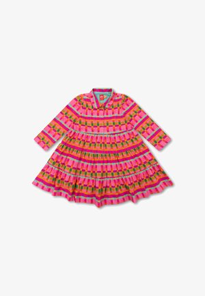 Kleurvolle jurk met een roze, groene en bruine ruitpatroon. Lange mouwen, een kraag en gelaagde ruches aan de onderkant. Knopen aan de voorkant.