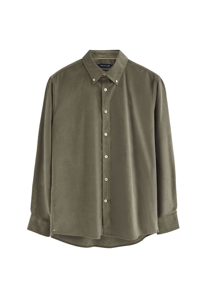 Camicia verde oliva realizzata in tessuto morbido, con colletto a camicia, bottoni frontali e un piccolo logo sul petto. Maniche lunghe.
