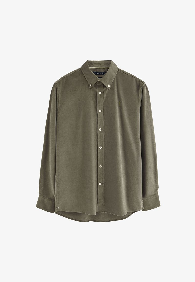 Camicia verde oliva realizzata in tessuto morbido, con colletto a camicia, bottoni frontali e un piccolo logo sul petto. Maniche lunghe.