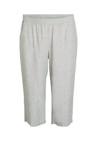 Svetlo sivi laneni capri hlače z elastičnim pasom, z sproščenim krojem in subtilno teksturo, idealne za sproščeno nošenje.