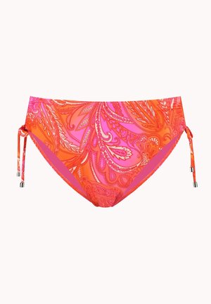 Leuchtend orangefarbener und pinkfarbener Bikini-Slip mit Paisley-Muster und verstellbaren Seitenschnüren mit Metallspitzen.