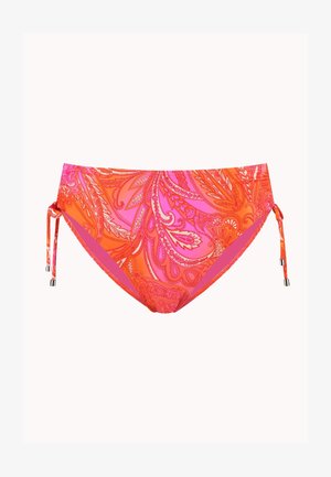 Leuchtend orangefarbener und pinkfarbener Bikini-Slip mit Paisley-Muster und verstellbaren Seitenschnüren mit Metallspitzen.