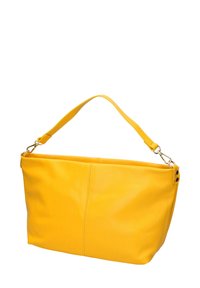 Borsa tote gialla realizzata in pelle liscia, con una singola tracolla, dettagli di cucitura superiore e finiture dorate.