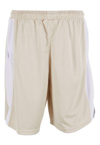 Beige Sportshorts aus atmungsaktivem Mesh-Gewebe, mit weißen Seiteneinsätzen und einem elastischen Bund für Komfort.