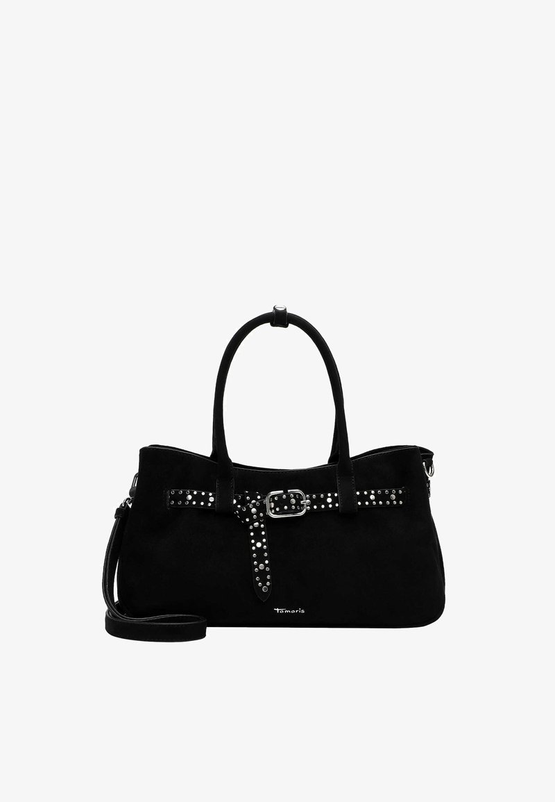 Black handbag with top handles, studded belt detail across front, detachable shoulder strap, and small brand logo at the bottom center.