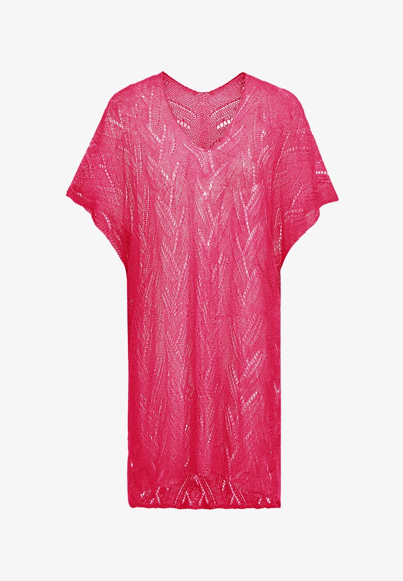 Rosa virkad topp med v-ringning, korta ärmar och en lös passform. Har ett texturerat, öppet stickmönster med ett zigzagdesign.