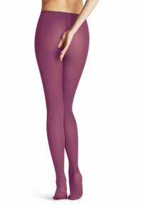 Tights trasparenti color bacca con una texture liscia e finitura opaca, caratterizzati da un alto punto vita e design con piedi per un look aderente.