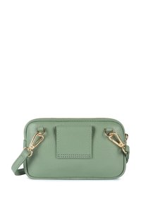 Borsa a tracolla in pelle verde menta con chiusura a zip, hardware dorato e dettaglio della tasca frontale. Texture liscia con forma rettangolare.