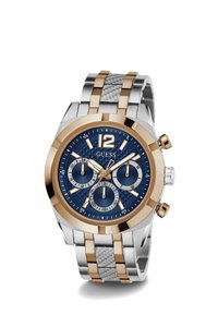 Orologio cronografo con quadrante blu testurizzato, dettagli dorati, cassa in acciaio inox argentato e cinturino intrecciato, tre sottodial e indici delle ore prominenti.