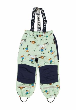 Vihreät vedenpitävät haalarit, joissa on tummansinisiä yksityiskohtia, leikkisiä eläin- ja lapsigrafiikoita, säädettävät olkaimet ja elastiset hihansuut.