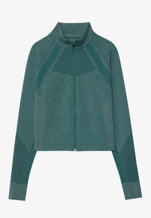 Cyan zip-up jacket met een hoge kraag, voorzien van gestructureerde mesh panelen, lange mouwen en een getailleerd ontwerp. Gemaakt van ademend materiaal.