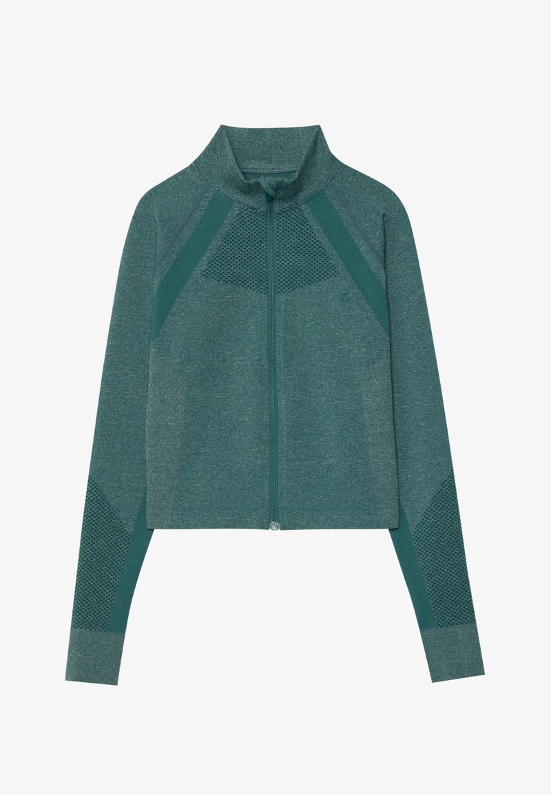 Tannengrüne Zip-Jacke mit hohem Kragen, ausgestattet mit strukturierten Mesh-Einsätzen, langen Ärmeln und einem figurschmeichelnden Design. Hergestellt aus atmungsaktivem Material.