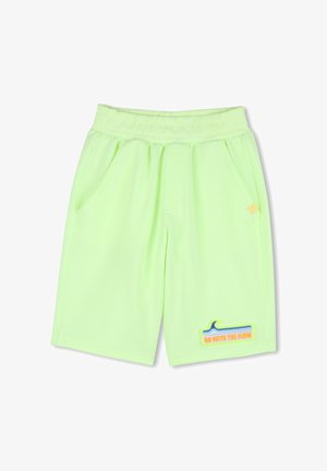 Shorts vert clair en tissu doux et extensible avec une taille élastique, des poches latérales et un motif coloré "Allez avec le flux".