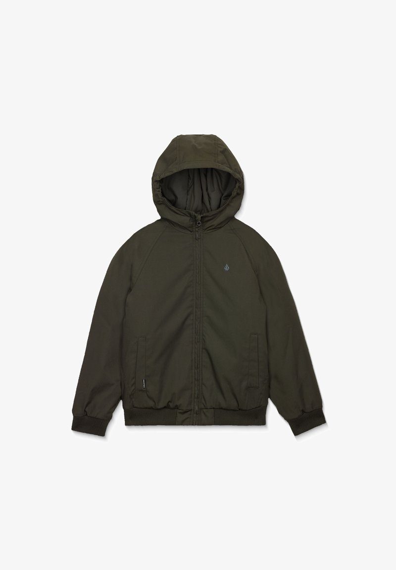 Veste à capuche vert foncé avec fermeture éclair à l'avant, deux poches latérales, poignets côtelés et petit logo sur la poitrine.