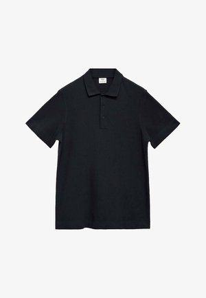 Black polo shirt made of smooth fabric, featuring a collar, short sleeves, and a three-button placket. Simple, classic design.