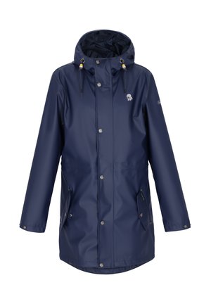 Pelerină de ploaie impermeabilă bleumarin cu glugă, nasturi cu capse în față, două buzunare laterale cu clapete și șnururi reglabile la glugă.