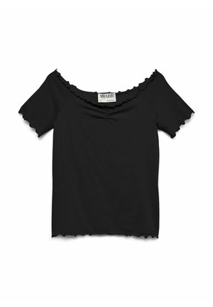 Top negro de manga corta con hombros descubiertos y bordes con volantes a lo largo del escote, las mangas y el dobladillo, con la etiqueta "AWARE" en el cuello trasero.