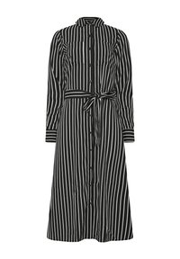 Schwarz-weiß gestreiftes Kleid mit langen Ärmeln, Knopfleiste, Kragen, zwei Brusttaschen und einem gebundenen Taillengürtel. Glatter Stofftextur.