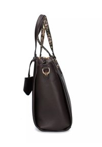 Borsa a tracolla in pelle marrone scuro con doppi manici a motivo e hardware color oro, mostrata da un angolo laterale su sfondo bianco.