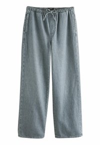 Ljusblå vida jeansbyxor med elastisk midja och dragsko, framfickor och sydda gylfdetaljer.