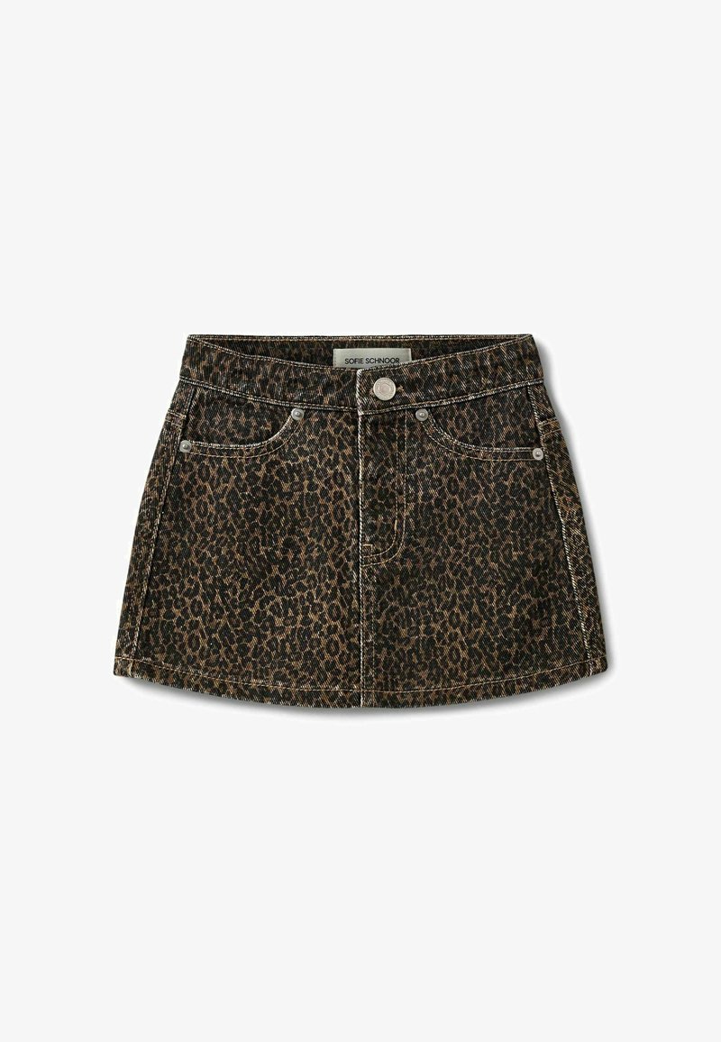 Mini-jupe en denim marron foncé avec motif léopard, poches avant et fermeture par boutons à la taille, étiquette indiquant Sofie Schnoor.