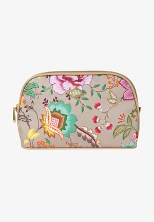 Blumiges Make-up Täschchen in Beige mit bunten Blumen und Blättern. Mit einem goldenen Reißverschluss und einem kleinen dekorativen Logo auf der Vorderseite.