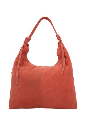 Weiche, große Schultertasche aus Veloursleder in gedämpftem Terrakotta-Orange mit verknoteten Tragriemendetails und einfacher, unstrukturierter Form.