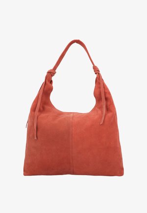 Weiche, große Schultertasche aus Veloursleder in gedämpftem Terrakotta-Orange mit verknoteten Tragriemendetails und einfacher, unstrukturierter Form.