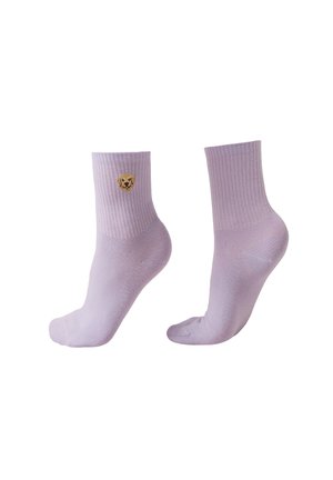 Light purple ankle socks with ribbed cuffs, featuring a small embroidered dog face on the outer side of one sock.