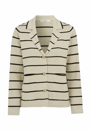 Beige kardigan med svarta ränder, krage-design, stängning med fyra knappar, texturerad tyg, med en sidoficka.