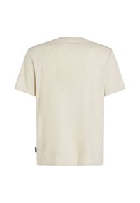 Cremfarbendes T-Shirt mit kurzen Ärmeln aus einem weichen, strukturierten Stoff. Verfügt über einen Rundhalsausschnitt und ein kleines Markenschild an der Seite.