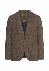 Brun tekstureret blazer med to frontlommer, en enkelt knaplukning og en blå indvendig foring. Skræddersyet design med notch-lapel.